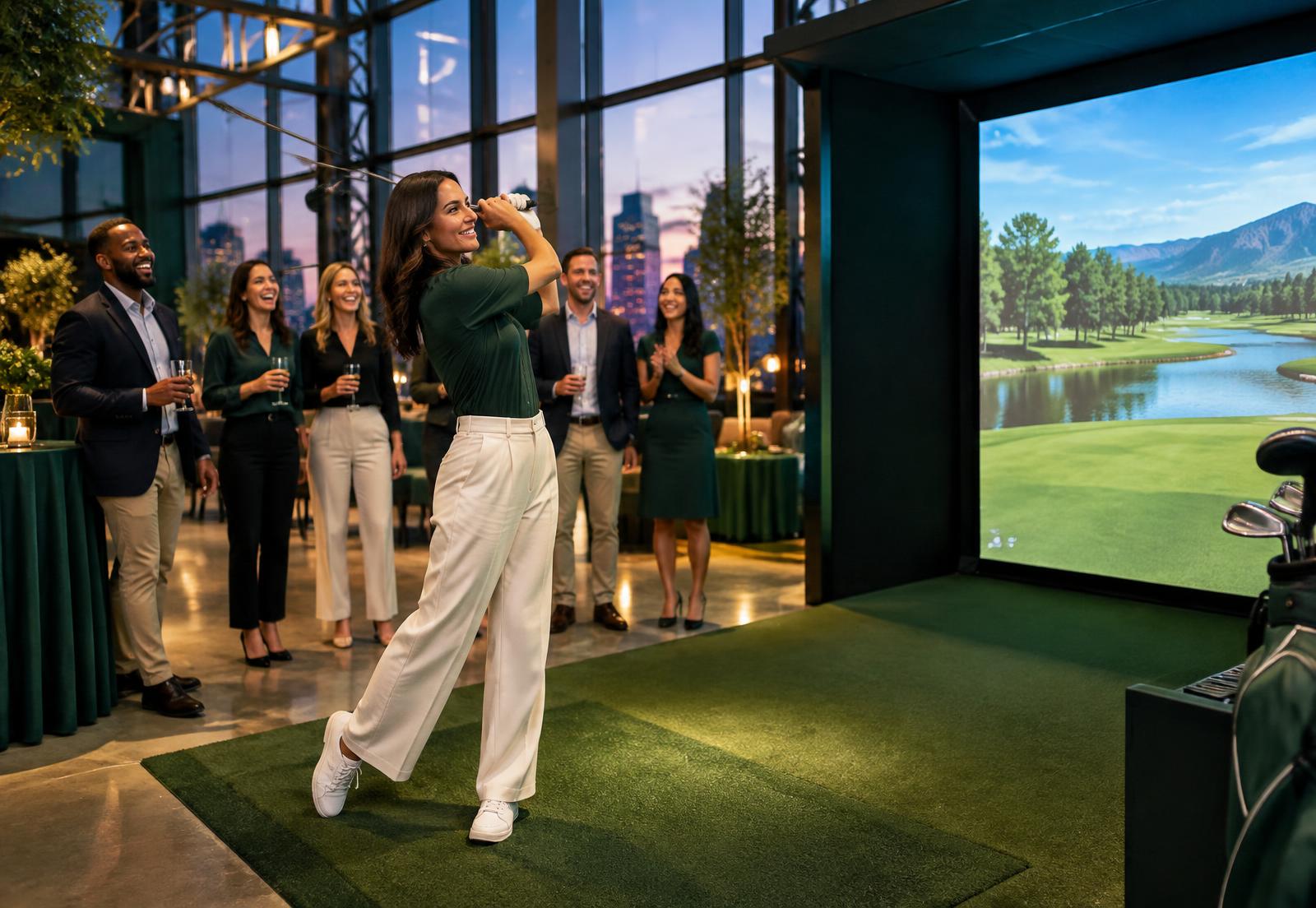 A mobile golf simulator set up at an event with guests taking a swing